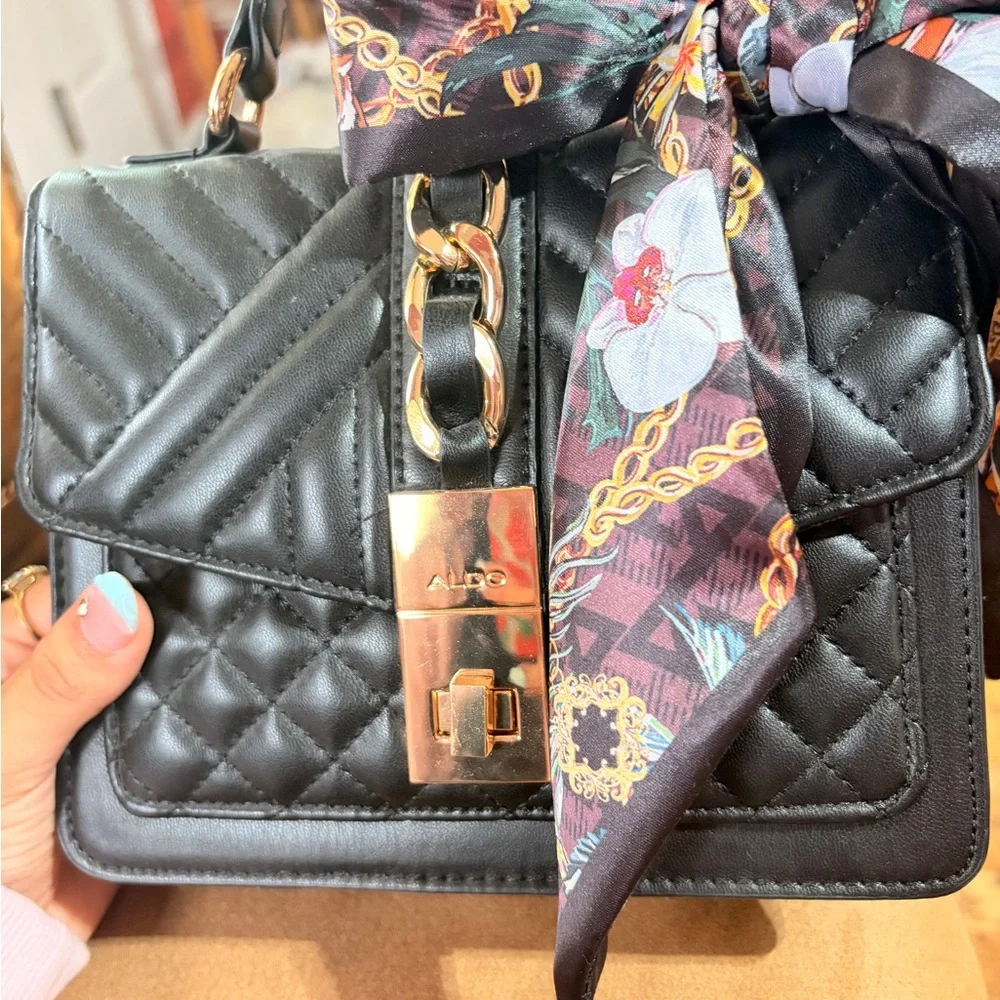 ALDO Black Quilted Top-Handle Women’s Bag with Decorative Scarf